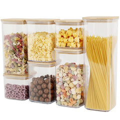 Cutii de Depozitare Alimente, Kadeny, Set din 7 Cutii de tip Container, Cutii pentru Cereale, din Plastic, Capac din Bambuc, 2pc 0.5 l, 2pc 0.8 l, 2pc 1.2 l, 1pc 2.5 l, Transparente