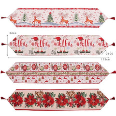 Traversa de Masa pentru Craciun, Kadeny, Napron, din Material Tricotat cu Tesatura Groasa, Model Globuri, Reni si Cadouri, cu Colt si Ciucure, 173x34x0.2 cm, Alb/ Rosu