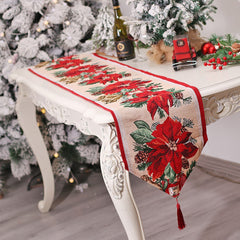 Traversa de Masa pentru Craciun, Kadeny, Napron, din Material Tricotat cu Tesatura Groasa, Model Flori Rosii, cu Colt si Ciucure, 173x34x0.2 cm, Alb/ Rosu