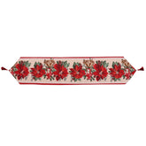 Traversa de Masa pentru Craciun, Kadeny, Napron, din Material Tricotat cu Tesatura Groasa, Model Flori Rosii, cu Colt si Ciucure, 173x34x0.2 cm, Alb/ Rosu