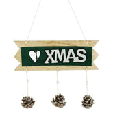 Decoratiune Craciun din Lemn, Kadeny, Model Scris Xmas, Conuri Atarnate, cu Inimioara 25x9 cm, pentru Brad sau Usa, Verde/Argintiu