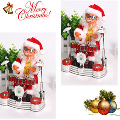 Decoratiune Mos Craciun, Kadeny, Animat, care Canta si Danseaza, cu Tobe, Imbracat Festiv, 20x17 cm Inaltime, Rosu