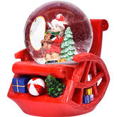 Decoratiune muzicala glob cu zapada, cu lumini si muzica, Mos Craciun, forma scaun, 13 cm, multicolor