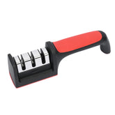 Dispozitiv pentru ascutit cutite Kaveny, cu 3 pozitii, rosu/negru, material inox si ABS, 21.5x5x6 cm
