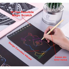Caiet cu fise razuibile Kaveny, DIY Magic Scratch, 12 File, Curcubeu, Creion din Lemn, Cartonase negre, 14 x 10 cm, verde