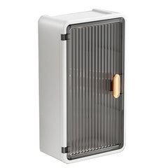 Organizator Cosmetice, Kadeny, Montare pe Perete fara Perforare, 36.5x10.9x20 cm, din PP si ABS, Alb-Negru, Usa Transparenta