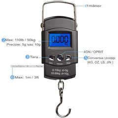 Cantar Digital de Mana cu Carlig, Kadeny, Cantar Portabil, Pescuit, cu Maner, Capacitate 50 kg, cu Metru Incorporat, 20.5 x 6 x 2.5 cm, Negru