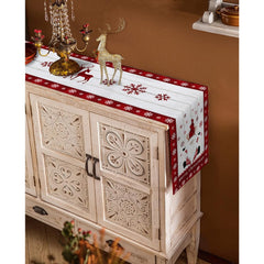 Fata de Masa Craciun, Kadeny, Model 1 Elfi si Reni, din Textil, 33x180cm, Alb/Rosu