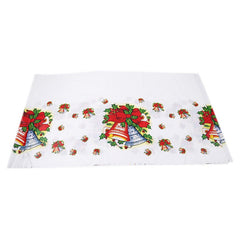 Fata de masa dreptunghiulara Kaveny, PVC, 2.5 mm grosime, imprimeu clopotei, potrivit pentru Craciun, utilizare multipla, 180 x 108 cm, alb