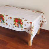 Fata de masa dreptunghiulara Kaveny, PVC, 2.5 mm grosime, imprimeu clopotei, potrivit pentru Craciun, utilizare multipla, 180 x 108 cm, alb