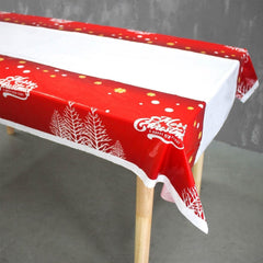 Fata de masa dreptunghiulara Kadeny, PVC, 2.5 mm grosime, imprimeu Merry Christmas, potrivit pentru Craciun, utilizare multipla, 180 x 108 cm, alb