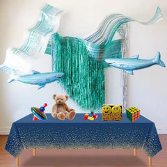 Fata de Masa, Kaveny, din PEVA, Imprimeu Buline Aurii, 137 x 274 cm, Impermeabila, Fara Pete, Curatare Rapida, Albastru Inchis