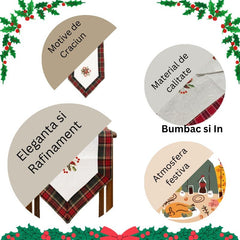 Fata de Masa Kadeny, Material In Brodat, cu Motive Florale de Craciun, 180 x 40 cm, Alb