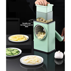 Feliator manual pentru legume Kaveny, 3 lame din otel inxodabil, 3 tipuri de feliere, material carcasa ABS, latime maxima feliere 4 mm, baza de tip ventuza, usor si sigur de utilizat, 28.5 x 9,2 x 13.5 cm, verde
