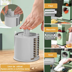 Feliator manual pentru legume Kaveny, 3 lame din otel inxodabil, 3 tipuri de feliere, material carcasa ABS, latime maxima feliere 4 mm, baza de tip ventuza, usor si sigur de utilizat, 28.5 x 9,2 x 13.5 cm, verde