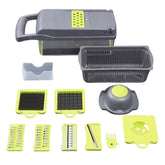 Feliator Multifunctional, Kadeny, Razatoare, 8 in 1, pentru Fructe si Legume, 10 Piese, Lame de Inox, Recipient Stocare, Separator Oua, Protectie Mana, ABS, 32.2x11.3 cm, Verde/Gri
