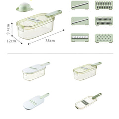 Feliator Multifunctional, Kadeny, 6 in 1, pentru Fructe si Legume, 9 Piese, Maner, Lame de Inox, Recipient Stocare, Protectie Mana, ABS, 35x12x9.4 cm, Verde
