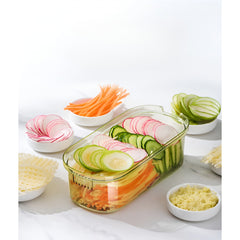 Feliator Multifunctional, Kadeny, 6 in 1, pentru Fructe si Legume, 9 Piese, Maner, Lame de Inox, Recipient Stocare, Protectie Mana, ABS, 35x12x9.4 cm, Verde