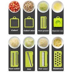 Feliator Multifunctional, Kaveny, Razatoare, 8 in 1, pentru Fructe si Legume, 10 Piese, Lame de Inox, Recipient Stocare, Separator Oua, Protectie Mana, ABS, 67.5x38.5x49.5 cm, Verde/Alb