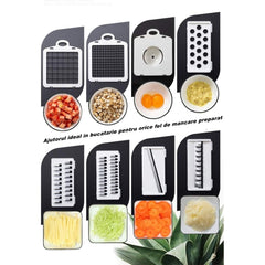 Feliator Multifunctional, Kadeny, Razatoare, 8 in 1, pentru Fructe si Legume, 10 Piese, Lame de Inox, Recipient Stocare, Separator Oua, Protectie Mana, ABS, 32.2x11.3 cm, Albastru/Alb
