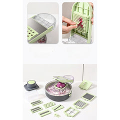 Feliator Multifunctional, Kaveny, Razatoare, 8 in 1, pentru Fructe si Legume, 12 Piese, Lame de Inox, Recipient Stocare, Separator Oua, Protectie Mana, ABS, Gri/Verde, 29.5x9x21.8 cm