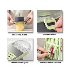 Feliator Multifunctional, Kaveny, Razatoare, 8 in 1, pentru Fructe si Legume, 12 Piese, Lame de Inox, Recipient Stocare, Separator Oua, Protectie Mana, ABS, Gri/Verde, 29.5x9x21.8 cm