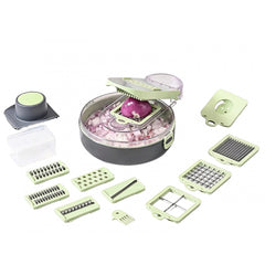 Feliator Multifunctional, Kaveny, Razatoare, 8 in 1, pentru Fructe si Legume, 12 Piese, Lame de Inox, Recipient Stocare, Separator Oua, Protectie Mana, ABS, Gri/Verde, 29.5x9x21.8 cm