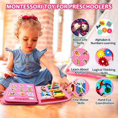 Carte Senzoriala Educativa Montessori 7in1, Kaveny, 26 de Activitati, Dezvoltare Abilitati Motorii, 4 Pagini, Model Dinozauri, 28x22x7 cm, Roz