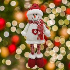 Figurina Decorativa, Pentru Craciun, Kadeny, Om de Zapada, Picioare Telescopice, Inaltime Reglabila 44-54cm, Caciula cu Inimioare, Alb/Rosu