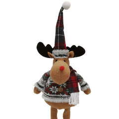 Figurina Decorativa, Pentru Craciun, Kadeny, Ren, Picioare Telescopice, Inaltime Reglabila 44-54cm, Bluza cu Fulgi, Rosu/Gri