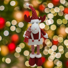 Figurina Decorativa, Pentru Craciun, Kadeny, Ren, Picioare Telescopice, Inaltime Reglabila 44-54cm, Caciula cu Inimioare, Alb/Rosu