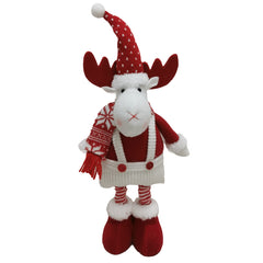 Figurina Decorativa, Pentru Craciun, Kadeny, Ren, Picioare Telescopice, Inaltime Reglabila 44-54cm, Caciula cu Inimioare, Alb/Rosu