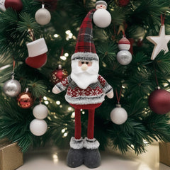 Figurina Decorativa, Pentru Craciun, Kadeny, Mos Craciun, Picioare Telescopice, Inaltime Reglabila 44-54cm, Bluza cu Fulgi, Rosu/Gri