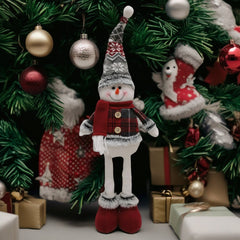 Figurina Decorativa, Pentru Craciun, Kadeny, Om de Zapada, Picioare Telescopice, Inaltime Reglabila 44-54cm, Caciula cu Fugi, Rosu/Gri