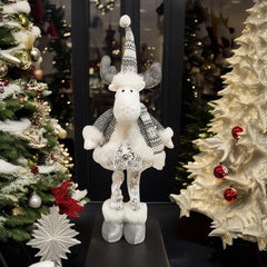 Figurina Decorativa, Pentru Craciun, Kadeny, Ren, Picioare Telescopice, Inaltime Reglabila 52- 82 cm, Pantaloni Luciosi, Alb/Argintiu