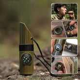 Kit supravieturie Kaveny, Fluier multifunctional 7 in 1, pentru drumetii, hiking, lupa, fluier, termometru, depozitare pastile, busola, din material ABS, cu snur, 9,7 x 2,8 cm, verde