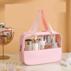 Geanta cosmetice Kadeny, pentru voiaj sau organizare, material PVC/textil, impermeabila, portabila, 30 x 21 x 12 cm, roz