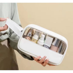 Geanta cosmetice Kadeny, pentru voiaj sau organizare, material PVC/textil, impermeabila, portabila, 22 x 12 x 8 cm, alb