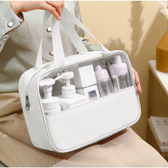 Geanta cosmetice Kadeny, pentru voiaj sau organizare, material PVC/textil, impermeabila, portabila, 26 x 15 x 10 cm, alb