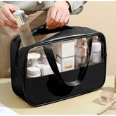 Geanta cosmetice Kadeny, pentru voiaj sau organizare, material PVC/textil, impermeabila, portabila, 26 x 15 x 10 cm, negru