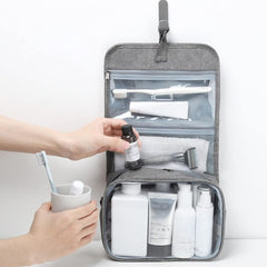 Geanta cosmetice voiaj, Kadeny, material panza, impermeabil, 3 compartimente, cu agatatoare, Gri, 47 x 28 x 20 cm