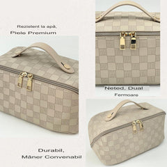 Geanta de Calatorie Kadeny, Pentru Cosmetice, Portabila, Impermeabila, din Piele Ecologica, Compartimente Multiple, cu Fermoar, 22 x 13 x 12.5 cm, In Carouri, Alb