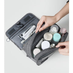 Geanta cosmetice voiaj, Kadeny, material panza, impermeabil, 3 compartimente, cu agatatoare, Gri, 47 x 28 x 20 cm