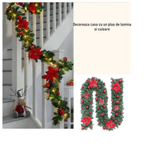 Ghirlanda decorativa Craciun cu Globuri si funde rosii, Kadeny, 2,70 m, Verde