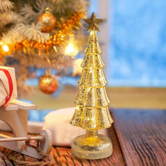 Decoratiune de Craciun, Kadeny, Model Brad cu Stea, din Sticla, Lumini, Baterii 3 AA, 31.5 x 9 cm, Auriu