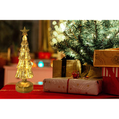 Decoratiune de Craciun, Kadeny, Model Brad cu Stea, din Sticla, Lumini, Baterii 3 AA, 31.5 x 9 cm, Auriu