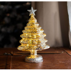 Decoratiune de Craciun, Kadeny, Model Brad cu Stea, din Sticla, Lumini, Baterii 3 AA, 22 x 9 cm, Auriu