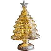 Decoratiune de Craciun, Kadeny, Model Brad cu Stea, din Sticla, Lumini, Baterii 3 AA, 22 x 9 cm, Auriu