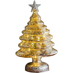 Decoratiune de Craciun, Kadeny, Model Brad cu Stea, din Sticla, Lumini, Baterii 3 AA, 22 x 9 cm, Auriu