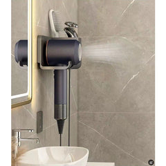 Suport de Baie, Kadeny, pentru Uscator de Par, cu Organizator Dublu, din Plastic, Aplicare cu Suport Adeziv, 23 x 8.8 x 9.5 cm, Gri